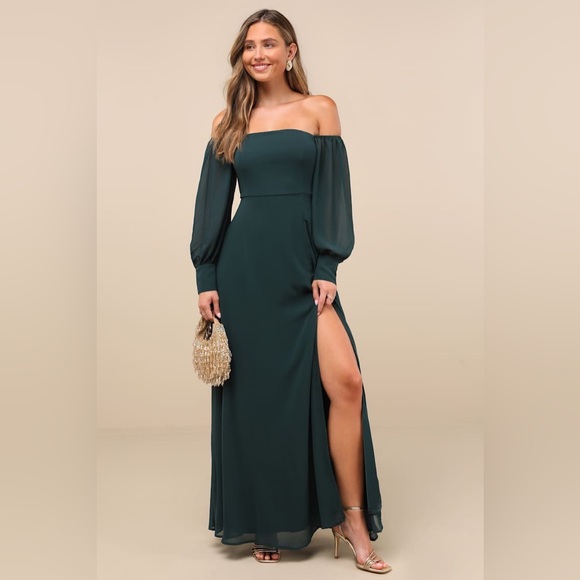 Lulus Dresses & Skirts - Lulu's Elegant Off-Shoulder Long Sleeve Dress in Dark Green